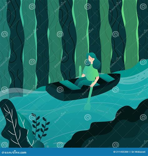 Woman Rowing Boat On River With Cartoon Flat Style Stock Vector