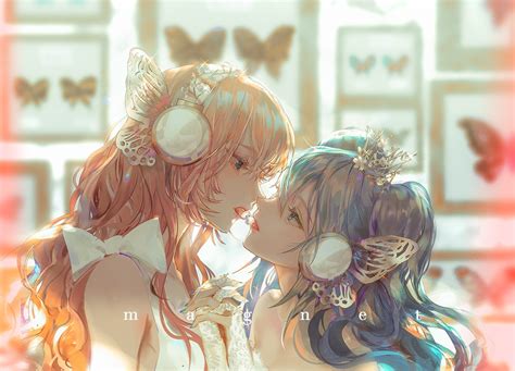 2girls blue hair butterfly close hatsune miku headphones kiss long hair magnet vocaloid