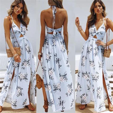 2019 Women Summer Sexy Casual Bohemian Beach Dresses Elegant Print Party Maxi Dress In Dresses