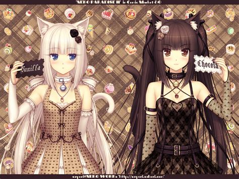 2girls Animalears Bell Blackhair Blueeyes Blush Brownhair Catgirl