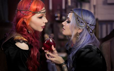 Blue Hair Couple Redhead Lesbians Women Depth Of Field Dyed Hair