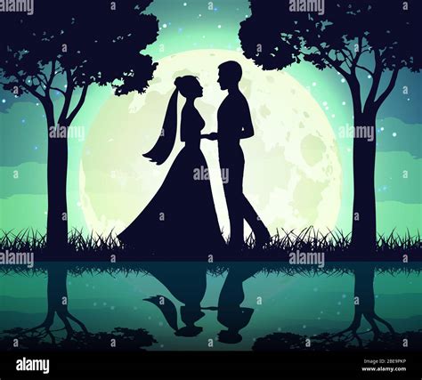 Silhouettes Of The Bride And Groom On The Moon Background Romance