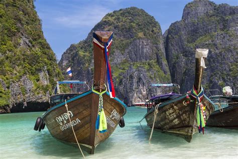 Thai Longtail Boats On A Sea Surface Island Ko Phi Phi Le Editorial Photo Image Of Blue