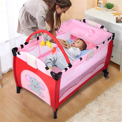 Goplus Pink Baby Crib Playpen Playard Pack Travel Infant Bassinet Bed
