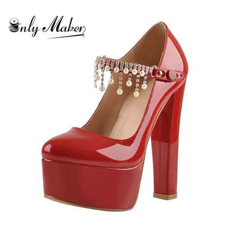 onlymaker women mary jane platform red nude pumps ankle strap thick 15~16cm round heel high