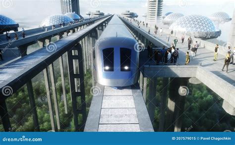Futuristic Train Station With Monorail And Train Traffic Of People