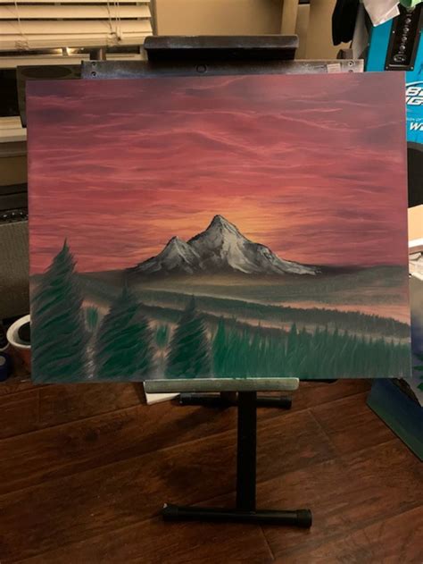 Mountain Sunset Bob Ross Style Oil Painting On Gesso Board Etsy