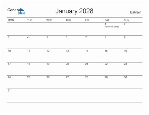 January 2028 Bahrain Monthly Calendar With Holidays