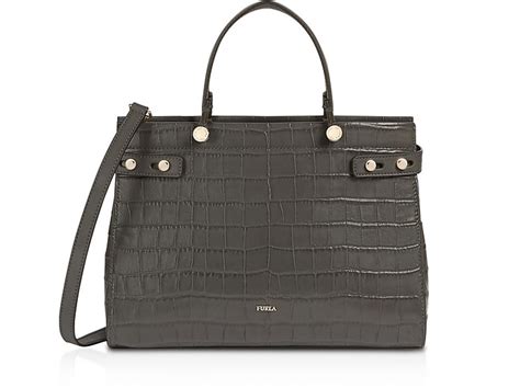 Furla Dark Gray Croco Embossed Leather Lady M Tote Bag At Forzieri