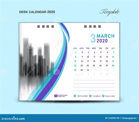 March Desk Calendar 2020 Template Vector Illustration Week Starts