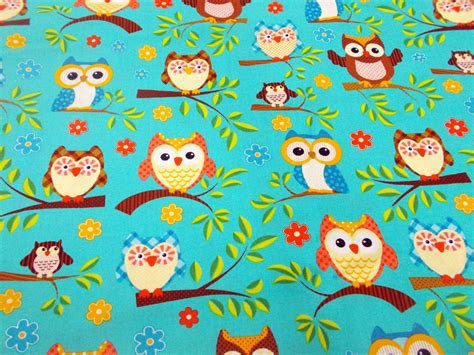 Aqua Owl Print Fabric Novelty Owl Print Sewing Material