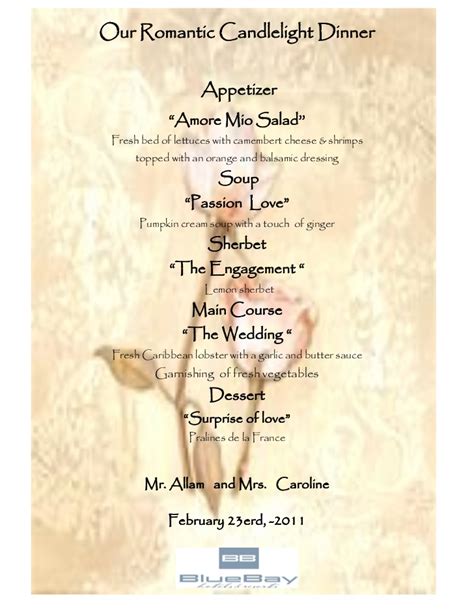 Private candle light dinner at the royal setting! Romantic candle light dinner menu