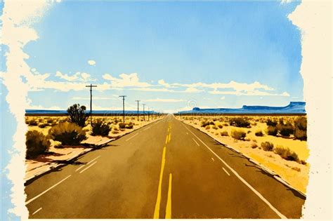 American Road In The Middle Of Nowhere Watercolor Painting Stock
