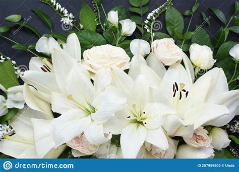 White Delicate Lily Flowers Composition Condolence Flower Background
