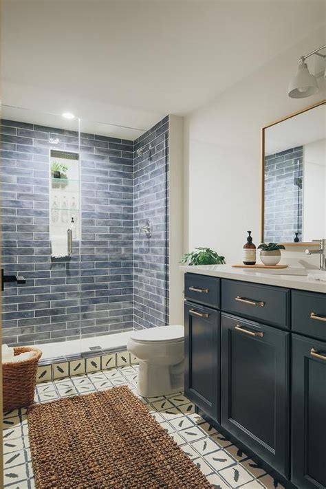 Navy Blue Shaker Washstand With Brass Pulls Transitional Bathroom