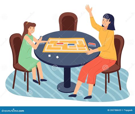 People Playing In Table Game With Cards Labyrinth Mother And Daughter