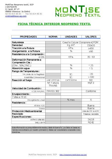 FICHA TÉCNICA INTERIOR NEOPRENO TEXTIL Bove ag