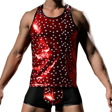 Fashion Faux Leather Men Sexy Star Printed Fitness Tank Tops Gay Male Sleeveless Vest 2017 New