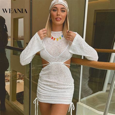 WEANIA Autumn Sexy Cut Out See Through Long Sleeve Drawstring Bodycon Dress Shopee Philippines