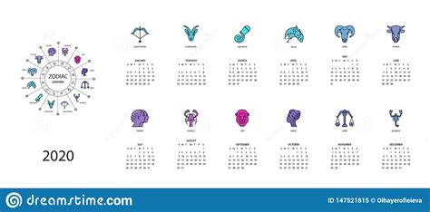 Calendario 2020 Con El Sistema De Smbolos Del Zodiaco De Las Muestras Del Horscopo Ilustración