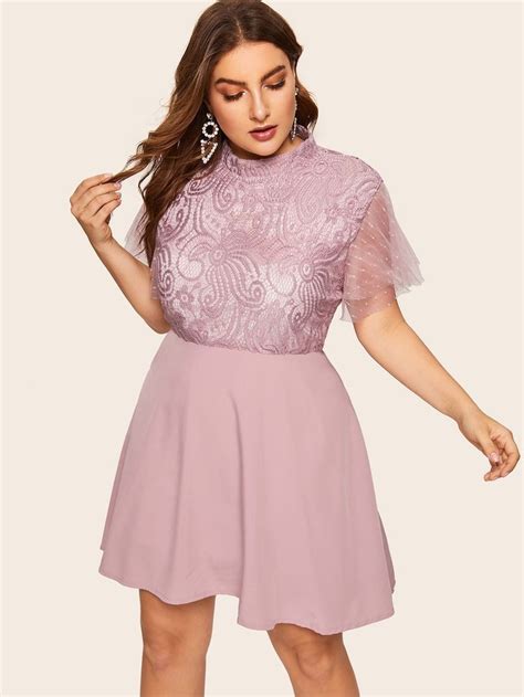 Plus Contrast Lace Solid Dress Shein Contrast Dress Plus Size