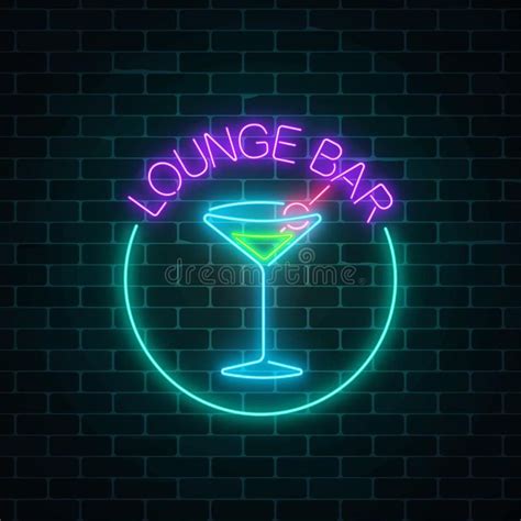 Lounge Bar Neon Sign With Cocktail Glass On Brick Wall Background Royalty Illustration
