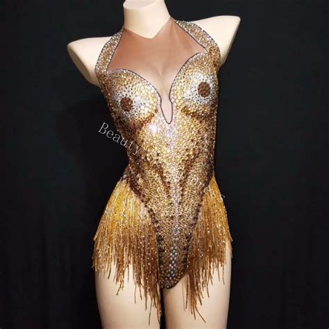Sexy Leotard Sparkly Gold Rhinestones Tassel Bodysuit Stage Wear Womens Celebrate Female Singer