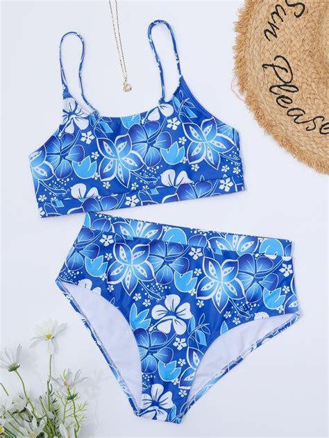 Random Floral Print Bikini Set Wireless Bra Top And High Waist Bikini Bottom 2 Piece Swimsuit