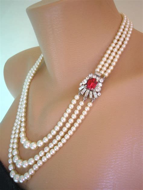 Ruby And Pearl Necklace Red Rhinestone Choker Vintage Bridal