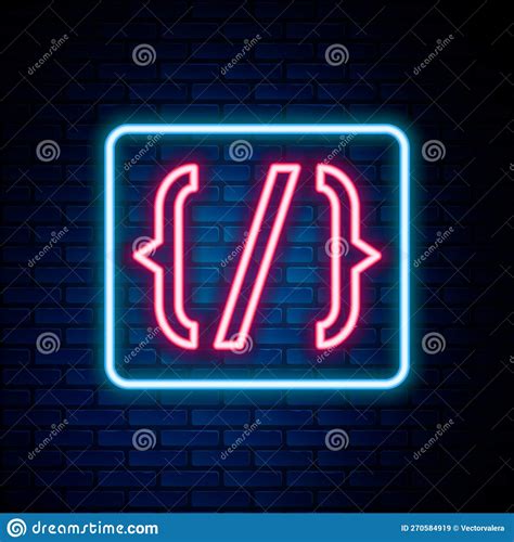Glowing Neon Line Programming Language Syntax Icon Isolated On Brick