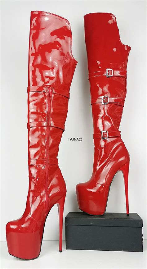 Red Patent Belted Knee High Boots Thigh High Boots Heels Knee High