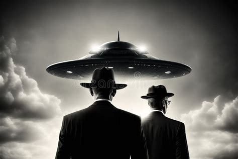 Two Men Dressed In Black In The 80s With Big Ufo Above Them Black And