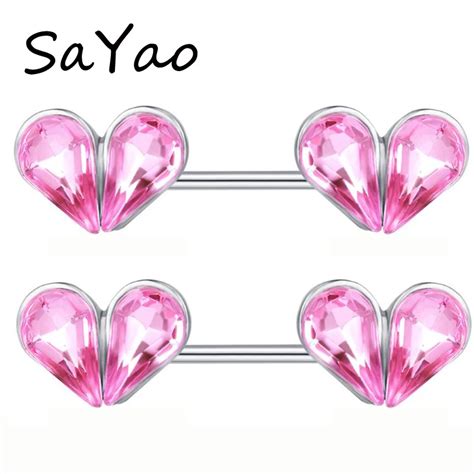 sayao 2 pieces sexy mamilo rings pink crystal heart nipple ring barbell body piercing jewelry