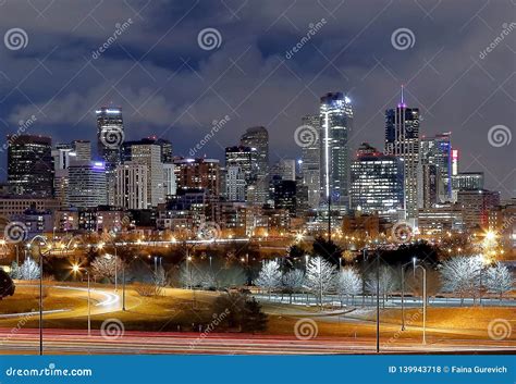 Denver Downtown Panorama At Winter Night Stock Photo Image Of
