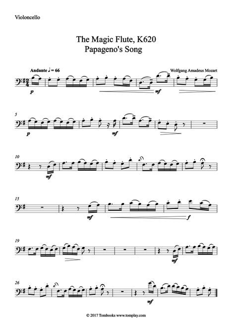Partition Violoncelle La Flûte Enchantée K 620 Acte I N° 2 Air De
