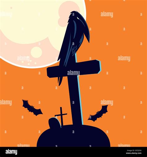 Halloween Raven Cartoon On Grave Design Holiday And Scary Theme Vector