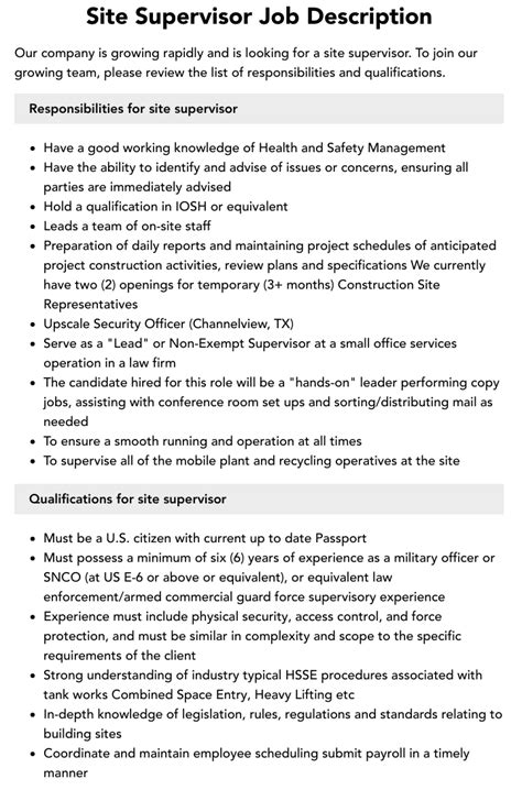 Site Supervisor Job Description Velvet Jobs