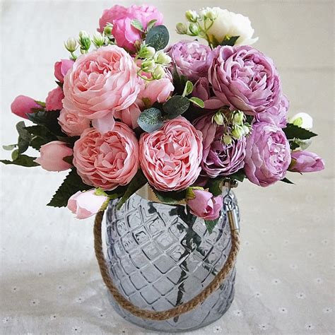 colorful rose peony artificial silk flowers small bouquet flores home party fake flower wedding