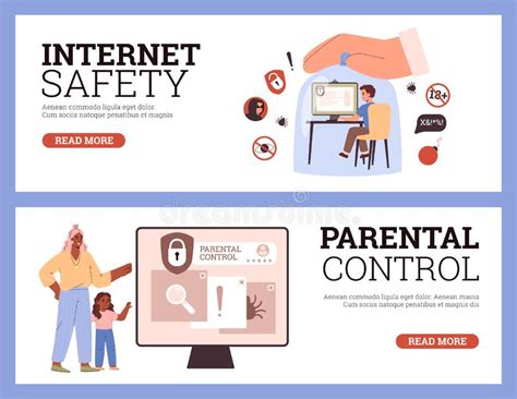 Safe Internet And Parental Control Of Kids Online Poster Set Flat