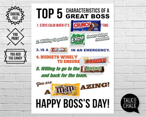 Printable Happy Bosss Day Candy Bar Poster Sign Printable Candy Gram