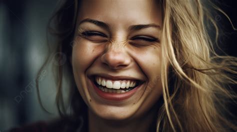 The Face Of A Beautiful Woman Laughing Against Black Background Against Black Background