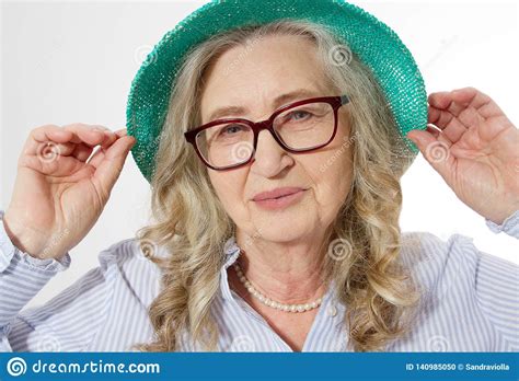 Closeup Of Senior Woman Wrinkle Face Old Lady In Stylish Glasses And