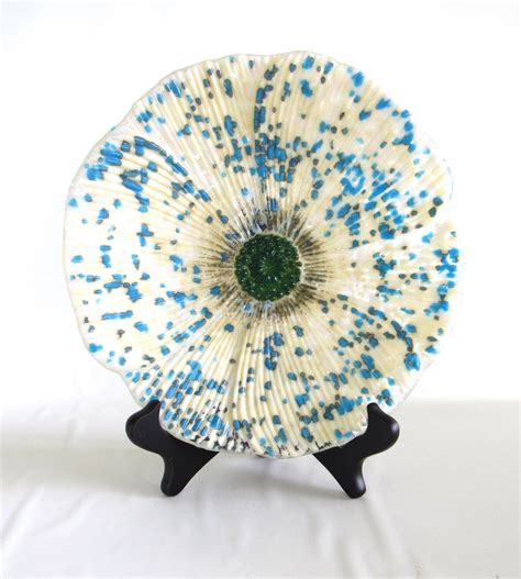 Large Glass Flower Bowl White Blue Reactive Glass Poppy Fused Etsy Art Bowls Flower Bowl
