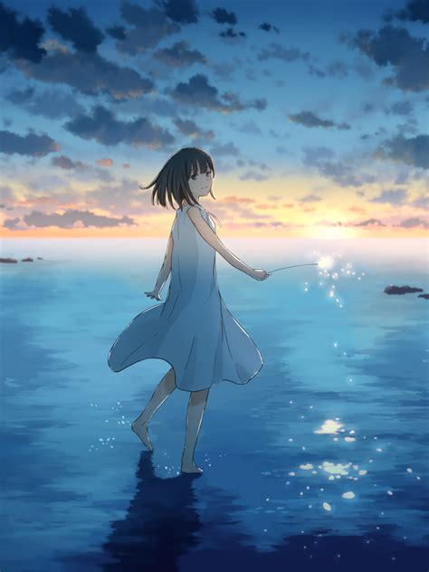 1536x2048 Cute Anime Girl Sunset Draw 1536x2048 Resolution Wallpaper