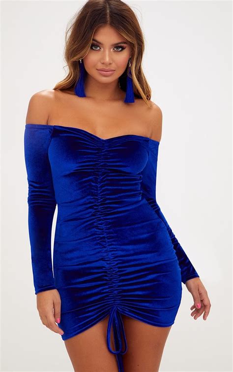 Blue Velvet Bardot Long Sleeve Ruched Bodycon Dress Prettylittlething Ruched Bodycon Dress