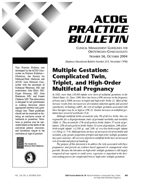 Acog Smfm Joint Practice Bulletin Multiple Gestation 2004 Multiple