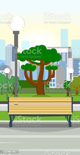 Bench City Park Area Trees Shrubs And Lanterns Beautiful Summer Cityscape In Restrained Colors A