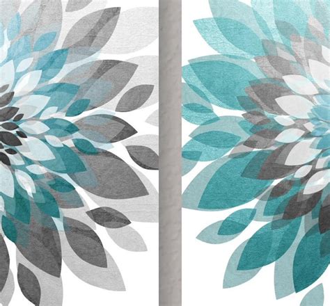 Turquoise Gray Abstract Flower Art Wall Decor Prints Or Canvas Etsy