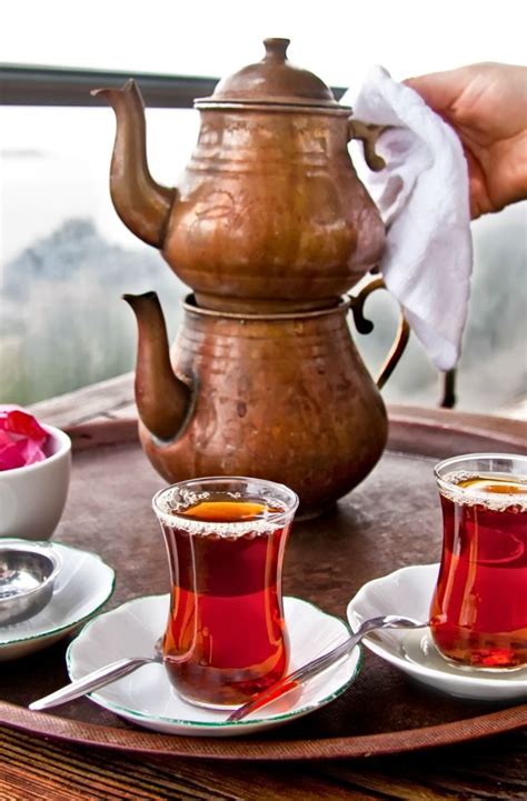 Copper Turkish Tea Pot With Freshly Brewed Hot Turkish Tea Served In