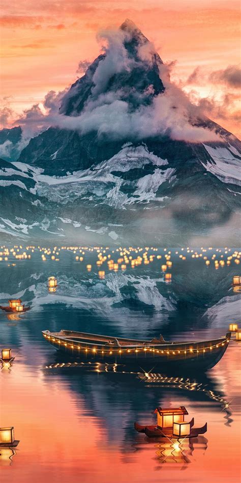1080x2160 Lanterns Mountain Lake The Lights Festival Wallpaper